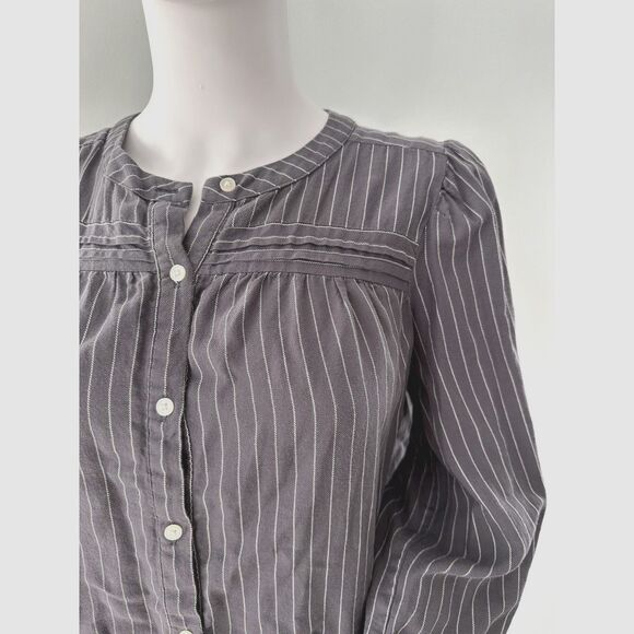Loft 100% Cotton Modest Grey Striped Pleated Blouse size Petite Small - Picture 5 of 8